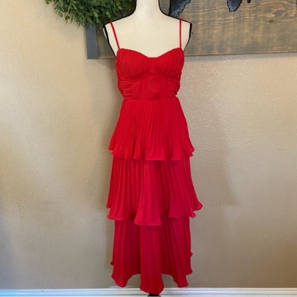 NWOT Lulus Cascading Crush Red Tiered Bustier Midi Dress - Picture 5 of 10